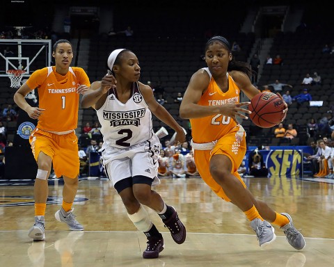 Tennessee Lady Volunteers guard Te'a Cooper (20) dribbles the ball as Mississippi State Lady Bulldogs guard Morgan William (2) defends in the first quarter during the women's SEC basketball tournament at Jacksonville Memorial Veterans Arena. (Logan Bowles-USA TODAY Sports)