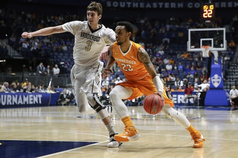 Guard Derek Reese #23 of the Tennessee Volunteers during the SEC Basketball Tournament game between the Vanderbilt Commodores and the Tennessee Volunteers at Bridgestone Arena in Nashville, TN. (Craig Bisacre/Tennessee Athletics)