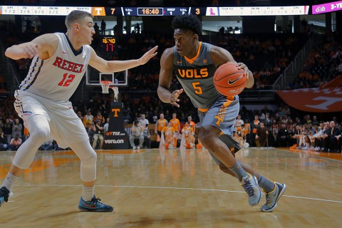 Tennessee Volunteers forward Admiral Schofield (5) moves the ball against Mississippi Rebels forward Tomasz Gielo (12) during the first half at Thompson-Boling Arena. (Randy Sartin-USA TODAY Sports)