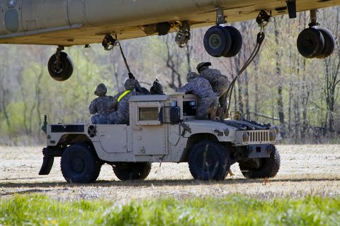 A sling load team from 227th Quartermaster Company, 129th Combat Sustainment Support Battalion, 101st Airborne Division Sustainment Brigade, 101st Airborne Division (Air Assault), attach a Humvee to a Ch-47 Chinook helicopter April 12, 2016, at Fort Campbell, Ky. (U.S. Army Sgt. Neysa Canfield, 101st Sustainment Brigade Public Affairs) A sling load team from 227th Quartermaster Company, 129th Combat Sustainment Support Battalion, 101st Airborne Division Sustainment Brigade, 101st Airborne Division (Air Assault), attach a Humvee to a Ch-47 Chinook helicopter April 12, 2016, at Fort Campbell, Ky. (U.S. Army Sgt. Neysa Canfield, 101st Sustainment Brigade Public Affairs)