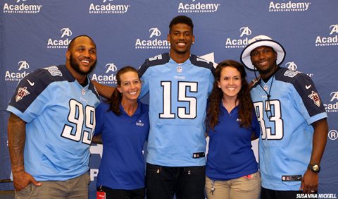 Tennessee Titans' Jurrell Casey, Justin Hunter, and Harry Douglas with Academy Sports + Outdoors representatives at Titans Caravan schedule announcement. (Tennessee Titans)