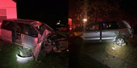 A van left the road and hit a mailbox, utility pole and then a house on Old Russellville Pike Tuesday night. A van left the road and hit a mailbox, utility pole and then a house on Old Russellville Pike Tuesday night.