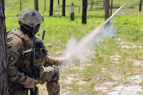 A Soldier with 1st Battalion, 327th Infantry Regiment, 1st Brigade Combat Team, 101st Airborne Division (Air Assault) shoots off a flare during a battalion live fire at the Peason Ridge training area April 10, 2016. (Operations Group Public Affairs) A Soldier with 1st Battalion, 327th Infantry Regiment, 1st Brigade Combat Team, 101st Airborne Division (Air Assault) shoots off a flare during a battalion live fire at the Peason Ridge training area April 10, 2016. (Operations Group Public Affairs)