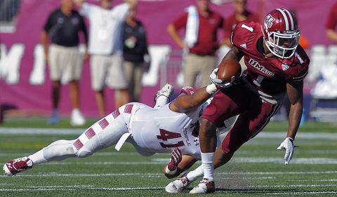 Massachusetts wide receiver Tajae Sharpe (1) was taken by the Tennessee Titans with the 140th overall pick of the NFL Draft. (Bob DeChiara-USA TODAY Sports)