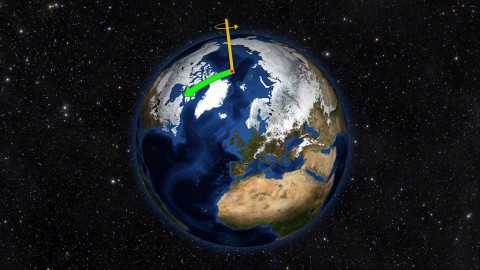 Earth does not always spin on an axis running through its poles. Instead, it wobbles irregularly over time, drifting toward North America throughout most of the 20th Century (green arrow). That direction has changed drastically due to changes in water mass on Earth. (NASA/JPL-Caltech)