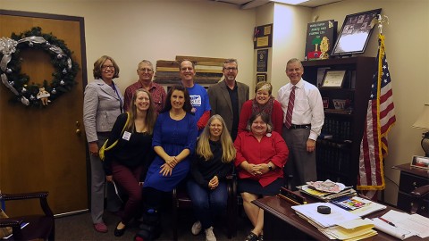 Representative Joe Pitts welcomes Clarksville teachers to the State Capitol on March 29th.  (L to R: Back Row) Maria Uffleman (TEA Uniserv), Robert Maglaughlin, P.T. Miller, Ray Szczepaniak, Becky Adames, State Representative Joe Pitts. (L to R: Front Row) Emily Clay, Wendy Gerhart, Karen Maglaughlin, Becky Jackman. 