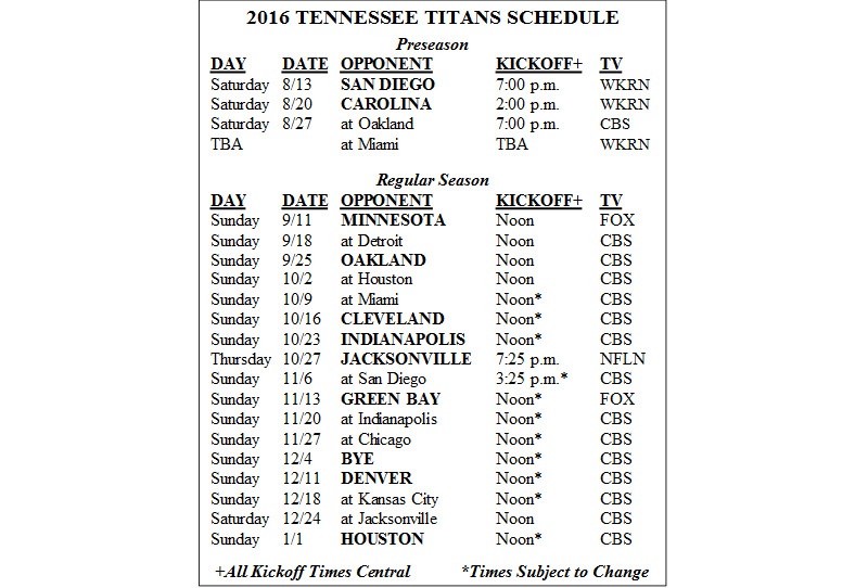 Tennessee Titans announce 2016 NFL Schedule Clarksville