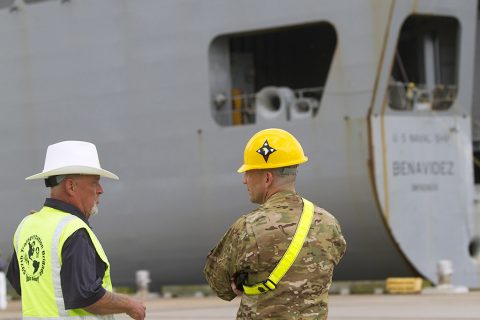 The USNS Benavidez arrives to Port Arthur, Tx., April 25, 2016 after it's long jounrey from Jacksonville, FL. Soldier's from the 101st Sustainment Brigade along with seamen from Navy Cargo Handling Battalion One will download USNS Benavidez as part of the unloading phases of the Sea Emergency Deployment Readiness Exercise. (Sgt. Neysa Canfield, 101st Sustainment Brigade Public Affairs)
