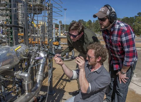 Engineers prepare a 3-D printed turbopump for a test at NASA’s Marshall Space Flight Center in Huntsville, Alabama. The turbopump was tested at full power, pumping 600 gallons of liquid methane per minute, enough to power an engine capable of generating 22,500 pounds of thrust. An engine with this technology is an ideal candidate for a Mars lander. (NASA/MSFC/Emmett Given)