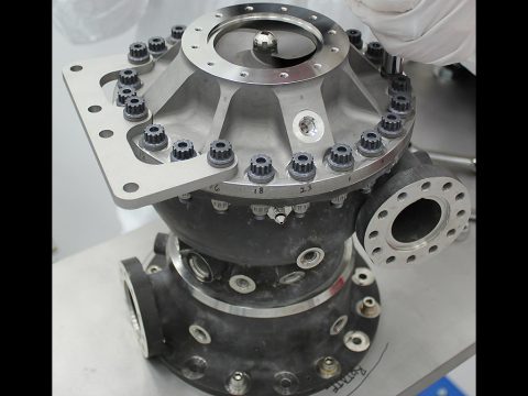 This rocket engine fuel pump has hundreds of parts including a turbine that spins at over 90,000 rpms. This turbopump was made with additive manufacturing and had 45 percent fewer parts than pumps made with traditional manufacturing. It completed testing under flight-like conditions at NASA’s Marshall Space Flight Center in Huntsville, Alabama. (NASA/MSFC)