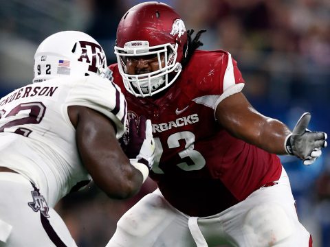 Arkansas Razorback guard Sebastian Tretola (73) was taken by the Tennessee Titans with the 193th overall pick of the NFL Draft. (Matthew Emmons-USA TODAY Sports)