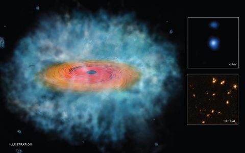 This illustration depicts a possible "seed" for the formation of a supermassive black hole. The inset boxes at right contain Chandra (top) and Hubble (bottom) images of one of two candidate seeds, where the properties in the data matched those predicted by sophisticated models. (Illustration: NASA/CXC/M. Weiss)