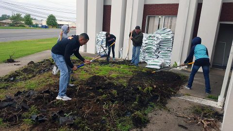 Volunteers build five raised garden beds.