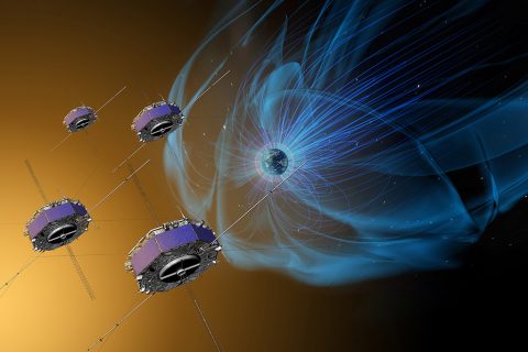 The four Magnetospheric Multiscale, or MMS, spacecraft (shown here in an artist's concept) have now made more than 4,000 trips through the boundaries of Earth's magnetic field, gathering observations of our dynamic space environment. (NASA/Goddard/Conceptual Image Lab)