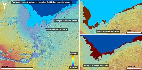 Left: Color-coded digital elevation model of the study area showing the two proposed shoreline levels of an early Mars ocean that existed approximately 3.4 billion years ago. Right: Areas covered by the documented tsunami events extending from these shorelines. (Alexis Rodriguez) Left: Color-coded digital elevation model of the study area showing the two proposed shoreline levels of an early Mars ocean that existed approximately 3.4 billion years ago. Right: Areas covered by the documented tsunami events extending from these shorelines. (Alexis Rodriguez)