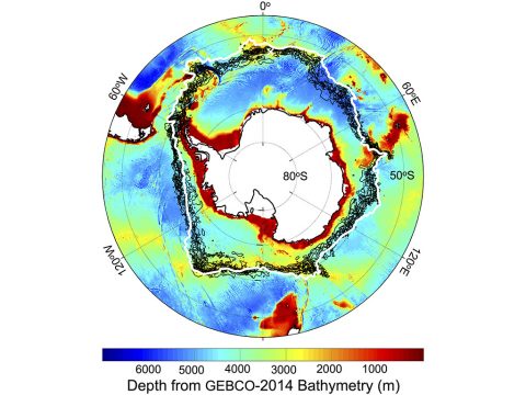 Location of the southern Antarctic Circumpolar Current front (white contour), with -1 degree Celsius sea surface temperature lines (black contours) on Sept. 22 each year from 2002-2009, plotted against a chart of the depth of the Southern Ocean around Antarctica. The white cross is Bouvet Island. (NASA/JPL-Caltech)