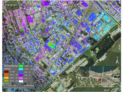 Subsidence in Jefferson Parish, Louisiana, from June 2009 to July 2012, as seen by NASA's UAVSAR instrument. The measured displacements are a combination of movement of the ground and of individual structures. The inset at lower right shows the parish location within Greater New Orleans. (NASA/JPL-Caltech, Esri)