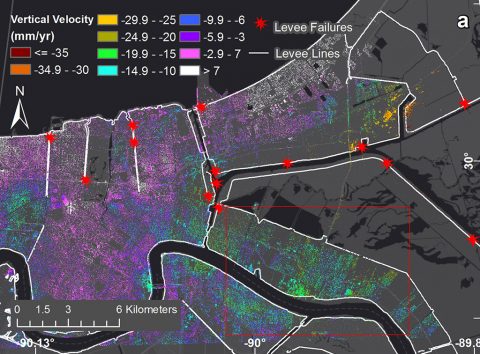 Subsidence rates in New Orleans as measured by NASA's UAVSAR instrument from June 2009 to July 2012. The red stars represent locations where levees breached during Hurricane Katrina. (NASA/JPL-Caltech, Esri)