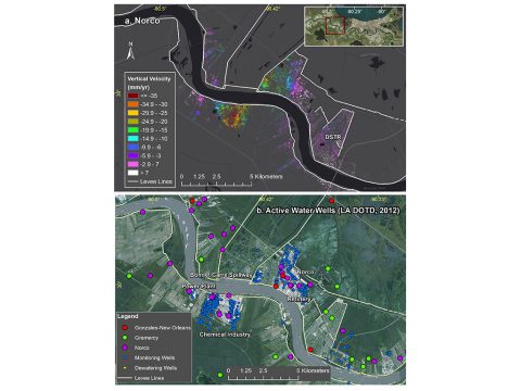 Top: Subsidence rates around Norco, Louisiana, and the location of flood protection levees (white). Bottom: Location of water wells active in 2012, local industry and the Bonnet Carre Spillway. The highest subsidence forms a bowl within the refinery site to the south of the river. (NASA/JPL-Caltech, Esri)