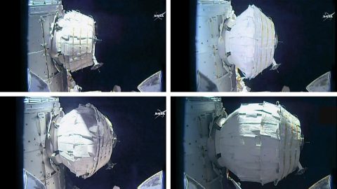 The BEAM expansion took several hours today as astronaut Jeff Williams sent two dozen pulses of air into the expandable module. (NASA TV) The BEAM expansion took several hours today as astronaut Jeff Williams sent two dozen pulses of air into the expandable module. (NASA TV)