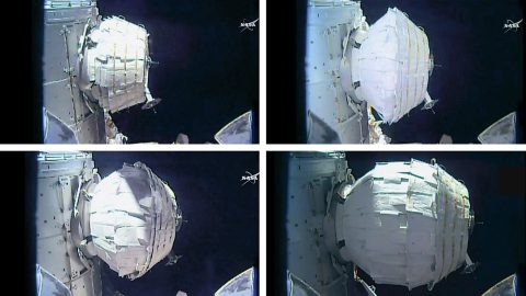 The BEAM expansion took several hours today as astronaut Jeff Williams sent two dozen pulses of air into the expandable module. (NASA TV)