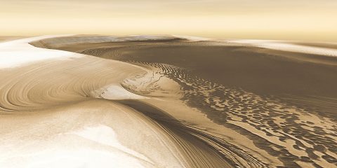 Climatic cycles of ice and dust build the Martian polar caps, season by season, year by year, and periodically whittle down their size when the climate changes. This image is a simulated 3-D perspective view, created from image data taken by the THEMIS instrument on NASA's Mars Odyssey spacecraft. (NASA/JPL/Arizona State University, R. Luk)