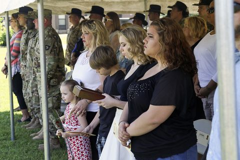 Family and friends pause during an award ceremony May 13, 2016 at Bastogne Field, to reflect on the actions and selfless service of Staff Sgt. Jonathon Martin, who was killed in action November 2007 while serving with 1st Squadron, 32nd Cavalry Regiment, 1st Brigade Combat Team, 101st Airborne Division (Air Assault). His family was presented the Ohio Military Medal of Distinction by the command team of the “Bandit” Squadron. (Sgt. Samantha Stoffregen, 1st Brigade Combat Team, 101st Airborne Division (Air Assault) Public Affairs) Family and friends pause during an award ceremony May 13, 2016 at Bastogne Field, to reflect on the actions and selfless service of Staff Sgt. Jonathon Martin, who was killed in action November 2007 while serving with 1st Squadron, 32nd Cavalry Regiment, 1st Brigade Combat Team, 101st Airborne Division (Air Assault). His family was presented the Ohio Military Medal of Distinction by the command team of the “Bandit” Squadron. (Sgt. Samantha Stoffregen, 1st Brigade Combat Team, 101st Airborne Division (Air Assault) Public Affairs)