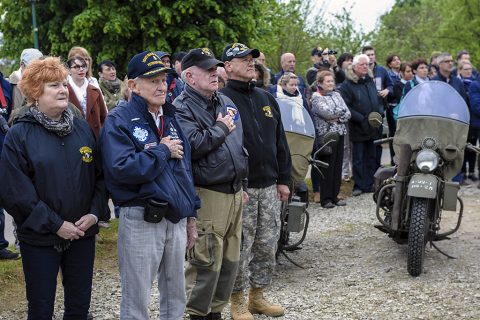 Veterans, Soldiers, Airmen and French citizens attend a ceremony at the Currahee Memorial in Beuzeville au Plain, France, June 1, 2016. More than 380 service members from Europe and affiliated D-Day historical units are participating in the 72nd anniversary as part of Joint Task Force D-Day 72. (U.S. Air Force photo by Staff Sgt. Timothy Moore) Veterans, Soldiers, Airmen and French citizens attend a ceremony at the Currahee Memorial in Beuzeville au Plain, France, June 1, 2016. More than 380 service members from Europe and affiliated D-Day historical units are participating in the 72nd anniversary as part of Joint Task Force D-Day 72. (U.S. Air Force photo by Staff Sgt. Timothy Moore)