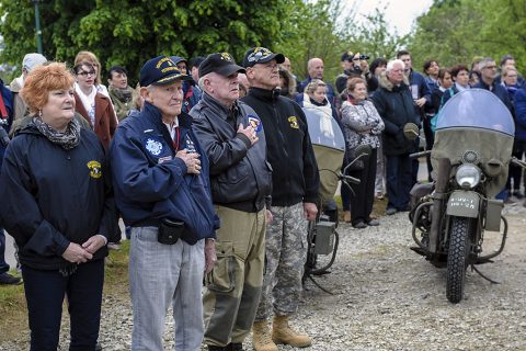 Veterans, Soldiers, Airmen and French citizens attend a ceremony at the Currahee Memorial in Beuzeville au Plain, France, June 1, 2016. More than 380 service members from Europe and affiliated D-Day historical units are participating in the 72nd anniversary as part of Joint Task Force D-Day 72. (U.S. Air Force photo by Staff Sgt. Timothy Moore)