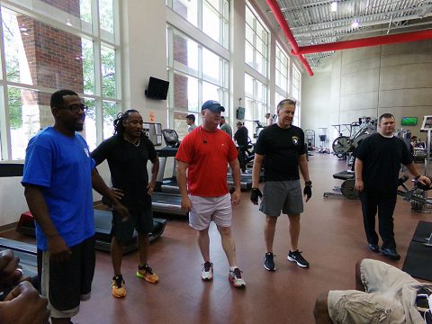 All Rise for Exercise had a variety of VTC representatives present. (Left to Right) Quentin Bell –alumni, Marley Brunache –participant, Randy Dey –VTC Mentor, VTC Judge Ken Goble, and Jamie Kelly –VTC Court Officer. 