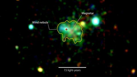 This X-ray image shows extended emission around a source known as Swift J1834.9-0846, a rare ultra-magnetic neutron star called a magnetar. The glow arises from a cloud of fast-moving particles produced by the neutron star and corralled around it. Color indicates X-ray energies, with 2,000-3,000 electron volts (eV) in red, 3,000-4,500 eV in green, and 5,000 to 10,000 eV in blue. The image combines observations by the European Space Agency's XMM-Newton spacecraft taken on March 16 and Oct. 16, 2014. (ESA/XMM-Newton/Younes et al. 2016)