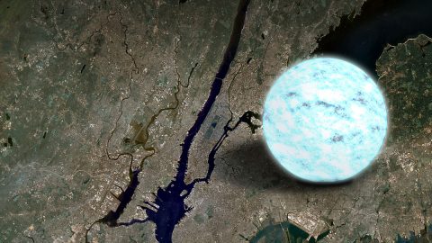 This illustration compares the size of a neutron star to Manhattan Island in New York, which is about 13 miles long. A neutron star is the crushed core left behind when a massive star explodes as a supernova and is the densest object astronomers can directly observe. (NASA's Goddard Space Flight Center)