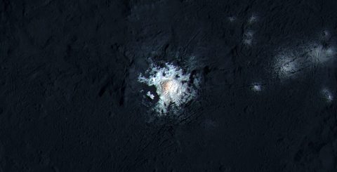 Occator Crater is 57 miles (92 kilometers) wide, with a central pit around 6 miles (10 kilometers) wide. This enhanced-color view highlights subtle color differences on Ceres' surface. (NASA/JPL-Caltech/UCLA/MPS/DLR/IDA/PSI/LPI)