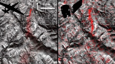 Comparison of detected methane plumes over Aliso Canyon, California, acquired 11 days apart in Jan. 2016 by: (left) NASA's AVIRIS instrument on a NASA ER-2 aircraft at 4.1 miles (6.6 kilometers) altitude and (right) by the Hyperion instrument on NASA's Earth Observing-1 satellite in low-Earth orbit. (NASA-JPL/Caltech/GSFC) Comparison of detected methane plumes over Aliso Canyon, California, acquired 11 days apart in Jan. 2016 by: (left) NASA's AVIRIS instrument on a NASA ER-2 aircraft at 4.1 miles (6.6 kilometers) altitude and (right) by the Hyperion instrument on NASA's Earth Observing-1 satellite in low-Earth orbit. (NASA-JPL/Caltech/GSFC)