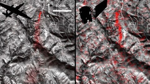 Comparison of detected methane plumes over Aliso Canyon, California, acquired 11 days apart in Jan. 2016 by: (left) NASA's AVIRIS instrument on a NASA ER-2 aircraft at 4.1 miles (6.6 kilometers) altitude and (right) by the Hyperion instrument on NASA's Earth Observing-1 satellite in low-Earth orbit. (NASA-JPL/Caltech/GSFC)