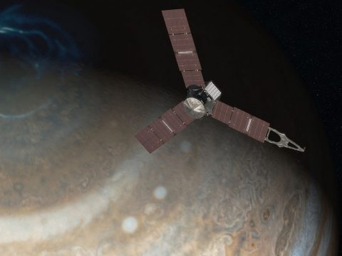 Artist's rendering showing NASA's Juno spacecraft above the north pole of Jupiter. (NASA/JPL-Caltech)