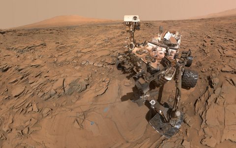 This May 11, 2016, self-portrait of NASA's Curiosity Mars rover shows the vehicle at the "Okoruso" drilling site on lower Mount Sharp's "Naukluft Plateau." The scene is a mosaic of multiple images taken with the arm-mounted Mars Hands Lens Imager (MAHLI). (NASA/JPL-Caltech/MSSS)