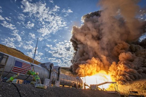 The second and final qualification motor (QM-2) test for the Space Launch System’s booster is seen, Tuesday, June 28, 2016, at Orbital ATK Propulsion System's (SLS) test facilities in Promontory, Utah. During the SLS flight the boosters will provide more than 75 percent of the thrust needed to escape the gravitational pull of the Earth, the first step on NASA’s Journey to Mars. (NASA/Bill Ingalls)