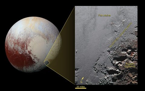 This dramatic image from NASA’s New Horizons spacecraft shows the dark, rugged highlands known as Krun Macula (lower right), which border a section of Pluto’s icy plains. (NASA/JHUAPL/SwRI)