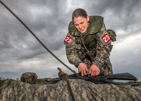 2nd Lt. Leah Mullenix, Team 23, 326th Brigade Engineer Battalion, 1st Brigade Combat Team, 101st Airborne Division (Air Assault), disassembles her poncho team’s raft after completing the swim event of the Best Sapper Competition at Fort Leonard Wood, Mo., April 19, 2016. Sappers pulled a raft carrying their individual weapon and full ruck sack. Mullenix was the first female, Army-wide, to complete the three-day competition and place in the top ten teams. (U.S. Army photo courtesy of Fort Leonardwood Public Affairs)