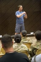 Comedian Stephen Thomas performs for a group of service members deployed to Iraq as part of the Combined Joint Forces Land Component Command – Operation Inherent Resolve at the Eagle Fitness Center, Forward Operating Base Union III, Baghdad, June 21, 2016. Thomas co-headlined the Star Spangled Comedy Tour, organized by Armed Forces Entertainment, with comedians Sam Fedele and Steve Mazan (not pictured). (Sgt. Katie Eggers) 