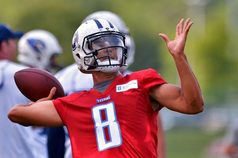 Tennessee Titans quarter back Marcus Mariota (8) passes the ball during mini camp practice at Saint Thomas Sports Park. (Jim Brown-USA TODAY Sports)