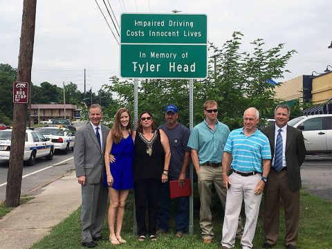 Tyler Head Memorial Sign Unveiling. (L to R) Tennessee State Representative Joe Pitts, Sister, Abbey Head, Mother, Gina Head-Heiber, Step-father, Steven Heiber, Brother, Jamie Head, Father, Chuck Head and Senator Kerry Roberts.