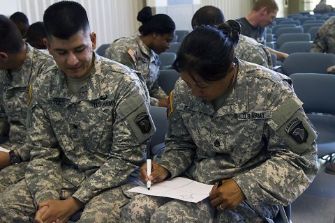 Staff Sgt. Amber D. Jesse, a motor transport operator noncommissioned officer with 541st Transportation Company, 129th Combat Sustainment Support Battalion, 101st Airborne Division Sustainment Brigade, 101st Airborne Division (Air Assault), conducts an exercise with her partner during the communication class during Lifeliner Resilience Days on June 29, 2016. (Photo By Sgt. Neysa Canfield)