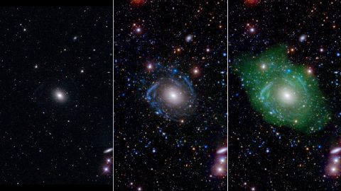 At left, in optical light, UGC 1382 appears to be a simple elliptical galaxy. But spiral arms emerged when astronomers incorporated ultraviolet and deep optical data (middle). Combining that with a view of low-density hydrogen gas (shown in green at right), scientists discovered that UGC 1382 is gigantic.