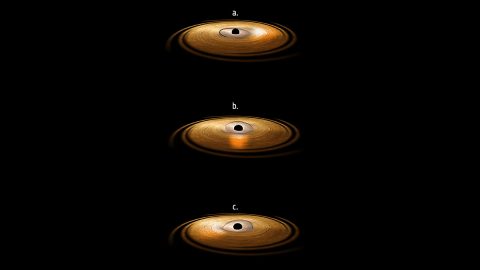 This artist's impression depicts the accretion disc surrounding a black hole, in which the inner region of the disc precesses.