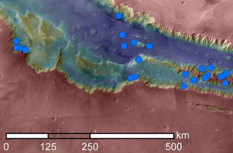 Blue dots on this map indicate sites of recurring slope lineae (RSL) in part of the Valles Marineris canyon network on Mars. RSL are seasonal dark streaks that may be indicators of liquid water. The area mapped here has the highest density of known RSL on Mars. (NASA/JPL-Caltech/Univ. of Arizona) Blue dots on this map indicate sites of recurring slope lineae (RSL) in part of the Valles Marineris canyon network on Mars. RSL are seasonal dark streaks that may be indicators of liquid water. The area mapped here has the highest density of known RSL on Mars. (NASA/JPL-Caltech/Univ. of Arizona)