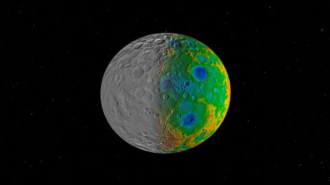 Scientists with NASA's Dawn mission were surprised to find that Ceres has no clear signs of truly giant impact basins. This image shows both visible (left) and topographic (right) mapping data from Dawn. (NASA/JPL-Caltech/SwRI)