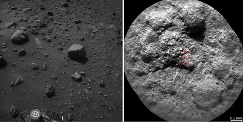 NASA's Curiosity Mars rover autonomously selects some targets for the laser and telescopic camera of its ChemCam instrument. For example, on-board software analyzed the Navcam image at left, chose the target indicated with a yellow dot, and pointed ChemCam for laser shots and the image at right. (NASA/JPL-Caltech/LANL/CNES/IRAP/LPGNantes/CNRS/IAS) NASA's Curiosity Mars rover autonomously selects some targets for the laser and telescopic camera of its ChemCam instrument. For example, on-board software analyzed the Navcam image at left, chose the target indicated with a yellow dot, and pointed ChemCam for laser shots and the image at right. (NASA/JPL-Caltech/LANL/CNES/IRAP/LPGNantes/CNRS/IAS)