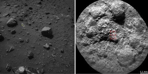 NASA's Curiosity Mars rover autonomously selects some targets for the laser and telescopic camera of its ChemCam instrument. For example, on-board software analyzed the Navcam image at left, chose the target indicated with a yellow dot, and pointed ChemCam for laser shots and the image at right. (NASA/JPL-Caltech/LANL/CNES/IRAP/LPGNantes/CNRS/IAS)